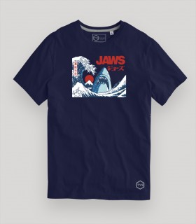 Camiseta TYS Jaws Tiburón Película Manga Corta Azul Marino Diseño Japón