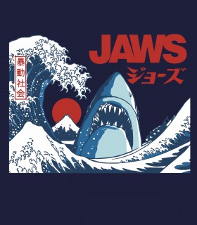 Camiseta TYS Jaws Tiburón Película Manga Corta Azul Marino Diseño Japón