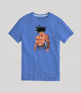 Camiseta TYS Manga Corta Blanca Azul Diseño Son Goku Tatuado Dragon Ball Z Rayo