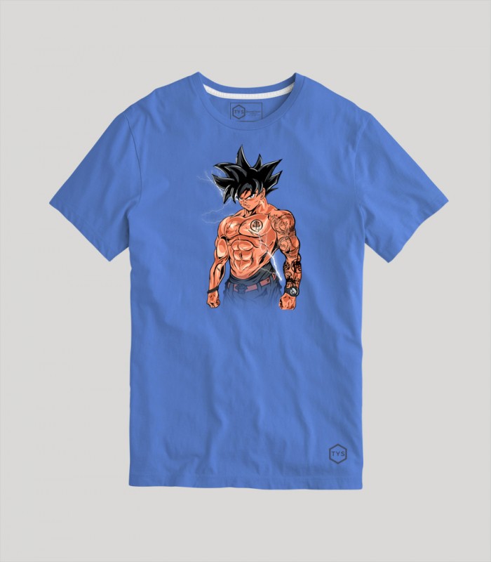 Camiseta TYS Manga Corta Blanca Azul Diseño Son Goku Tatuado Dragon Ball Z Rayo