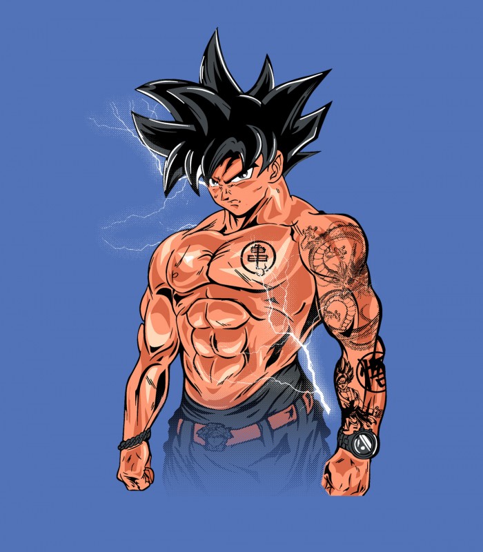 Camiseta TYS Manga Corta Blanca Azul Diseño Son Goku Tatuado Dragon Ball Z Rayo