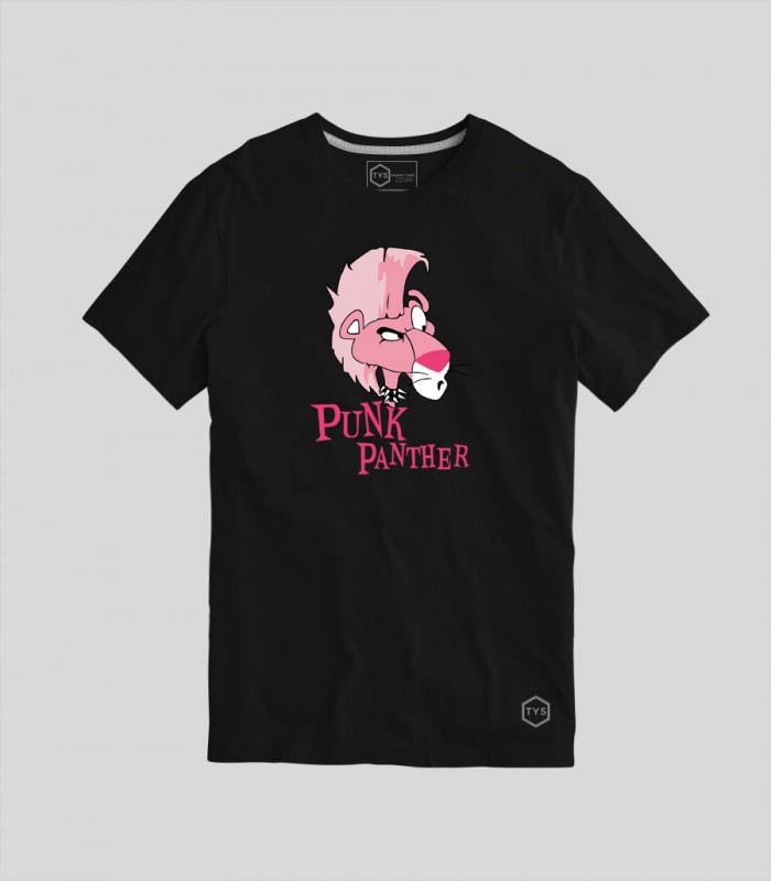 Camiseta TYS Manga Corta Negra Punk Panther Pantera Rosa Dibujo Animado